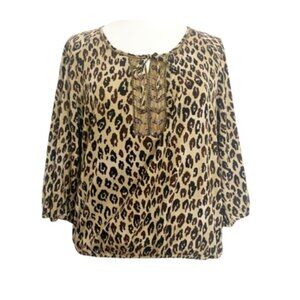 Laura Ashley Leopard Print 3/4 Sleeve Peasant Blouse Top w/ Beaded Detail - NWT